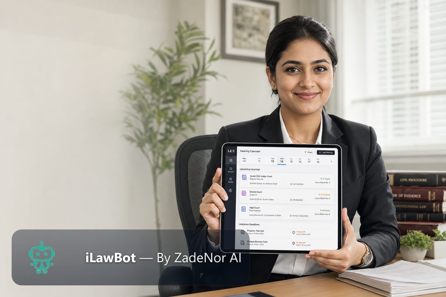 Advocate holding a tablet showing a hearing calendar and cause-list with deadlines