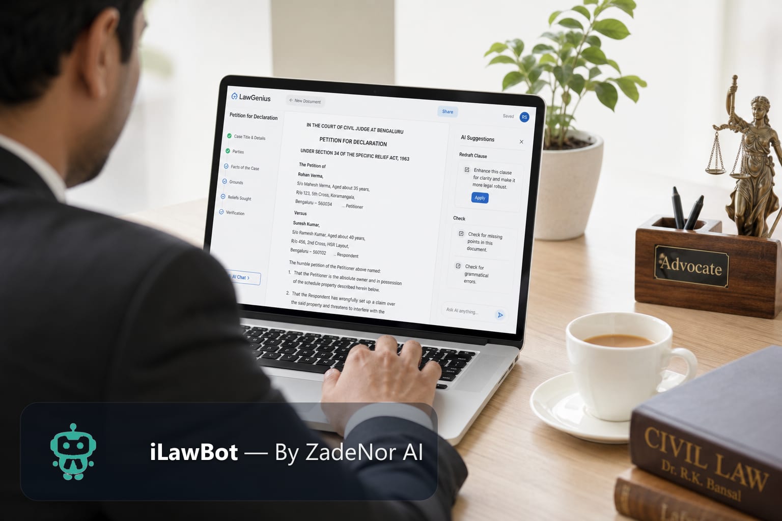 AI-assisted legal drafting of a petition on a laptop