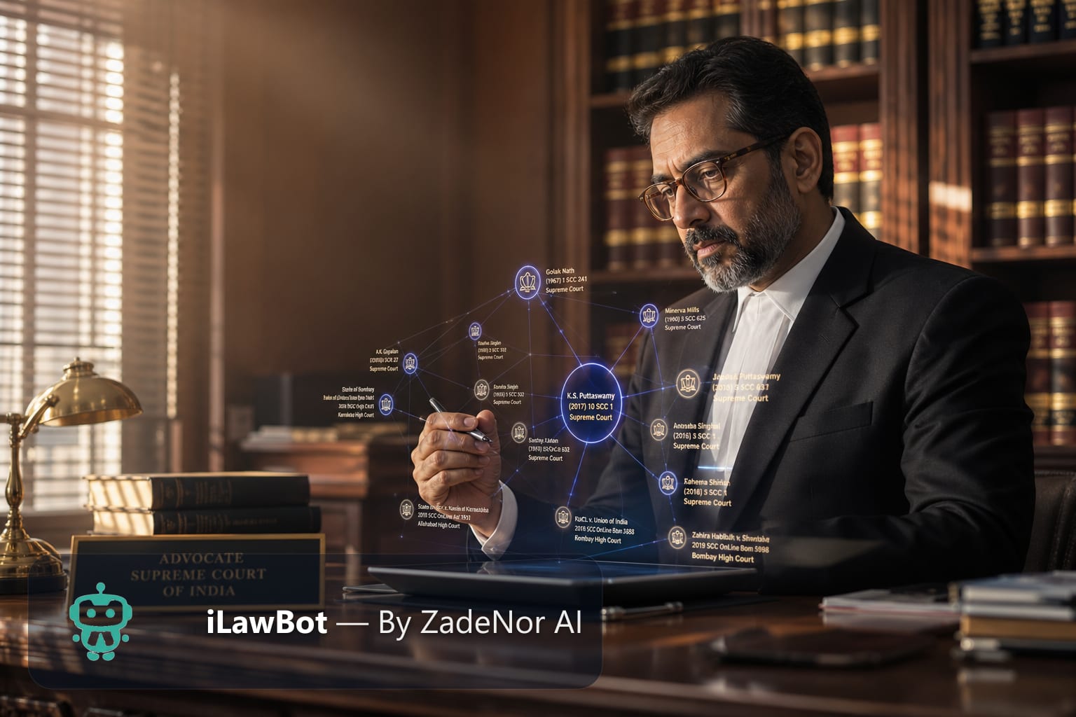 Advocate at the Supreme Court of India reviewing a 3D case-law knowledge graph
