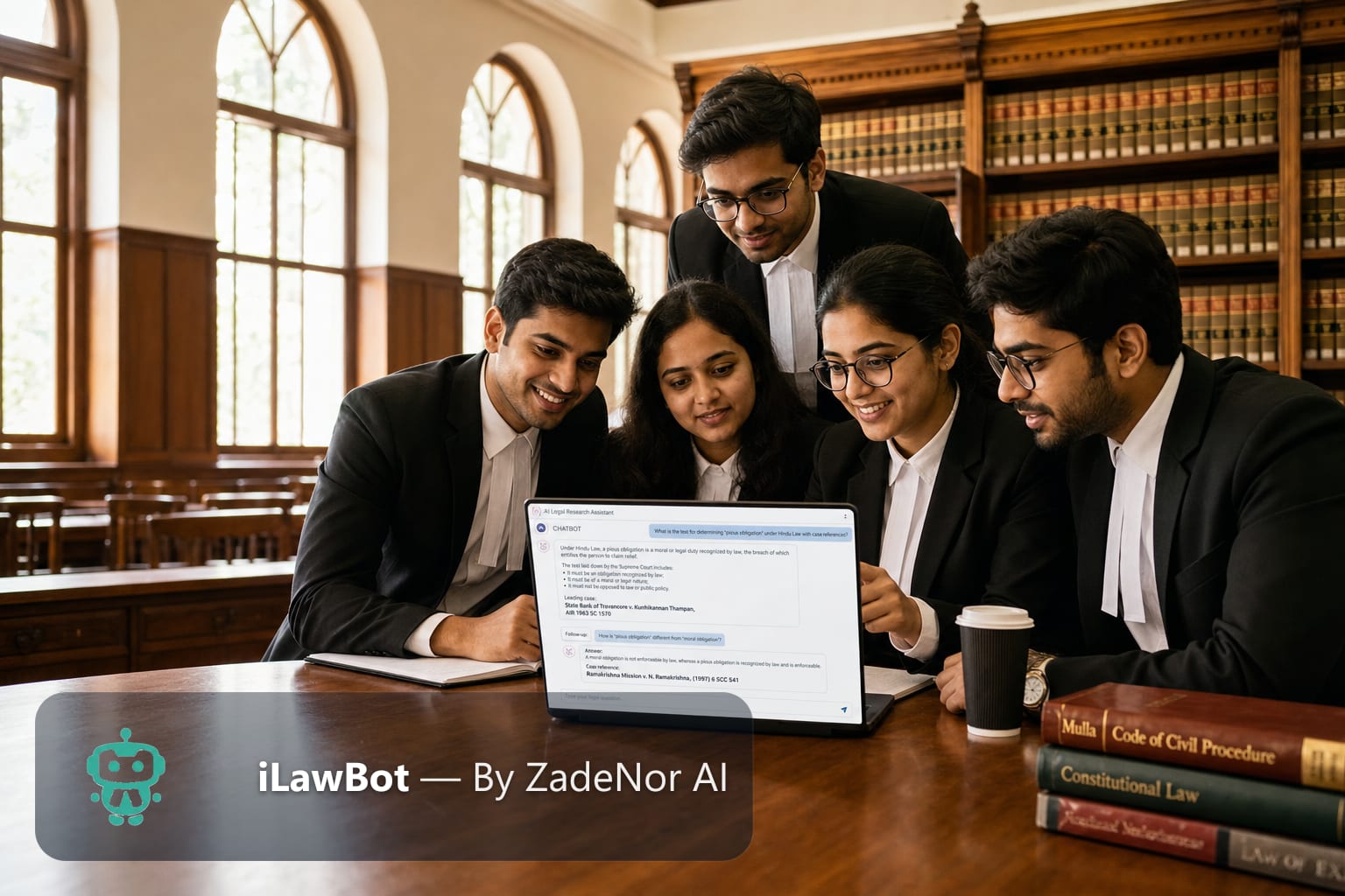Law students reviewing a research chatbot question-and-answer on a laptop