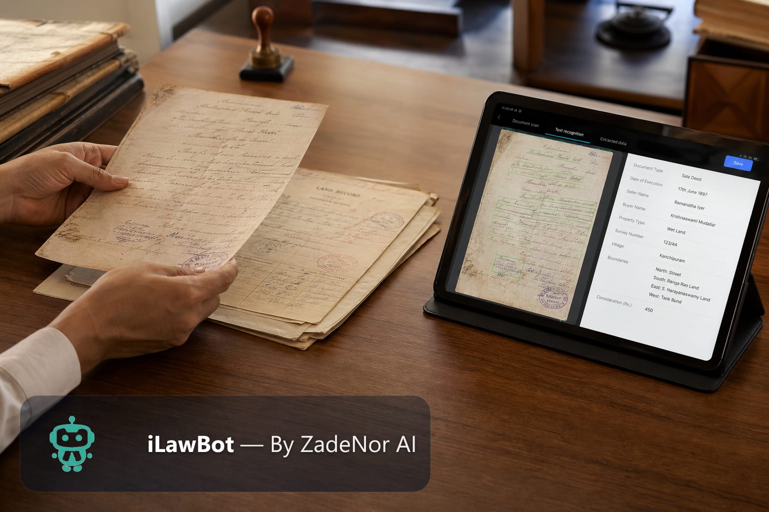 Handwritten land record being OCR-digitized on a tablet